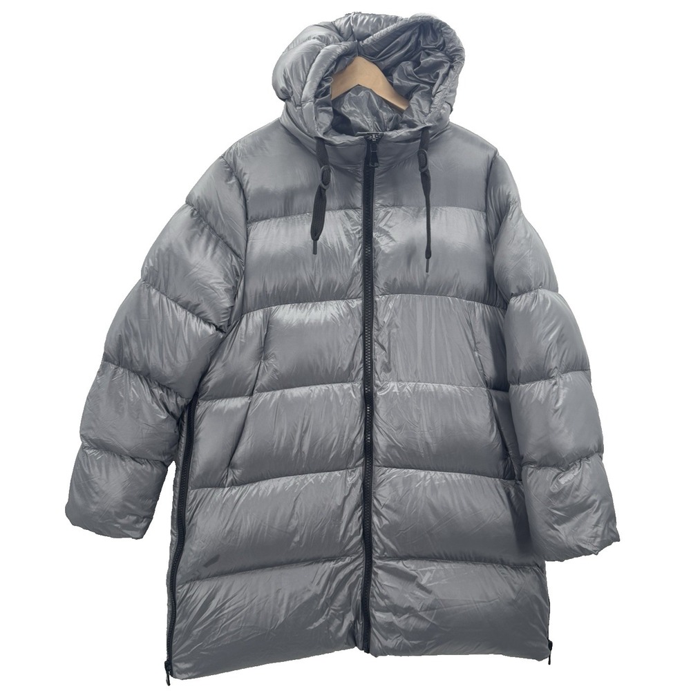 Women XL Metallic Gray Puffer Down Coat Hooded Jacket Mid Length Pockets Winter